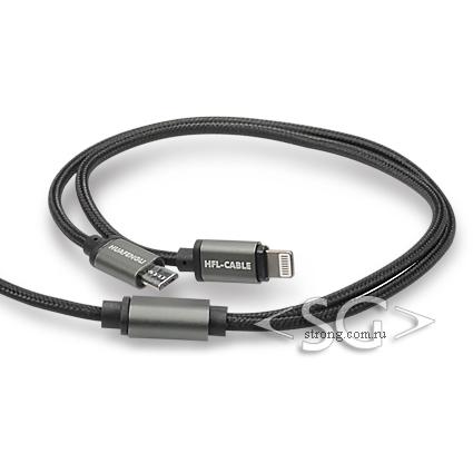Шнур 2.0 USB A MALE- micro USB 5P+Apple Lightning(iPhone/iPad/iPod) 1,0м OD:3.5 мм ткань/чёрный